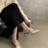 Pantuflas de Medio Zapato Baotou para Mujer para Ropa de Verano para Mujer Nuevo Estilo Hada de Temperamento Plateado Estilo Francés Hermosas Sandalias para Mujer con Tacón Grueso