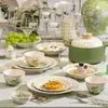Lindo Juego de Platos Florales Verdes Cerámica para el Hogar Tazón de Arroz Plato de Sopa Combinación Regalo de Inauguración de Casa Juego Completo de Vajilla