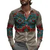 Camisa Estampada Masculina Retrô Boêmia Primavera Manga Longa Lapela 2025 Verão Tecido Leve Moda