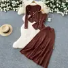 Estilo Chanel Roupa Feminina Três Peças Combina com Tudo Colete Sem Mangas Fivela de Metal Ajustado Cardigã Tricotado de Manga Longa Saia