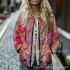 Moletom Feminino Acolchoado de Algodão com Gola Alta Estilo Novo 2025 Moletom Feminino Listrado com Botão Floral Retrô Outono e Inverno