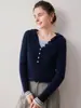 Novo suéter de cashmere puro com capuz e gola semiaberta para mulheres, suéter de cashmere puro, malha canelada, design color-block, blusa falsa de duas peças