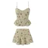 Conjunto de Camisola Versátil Adelgazante con Estampado Floral a Cuadros Retro Francés + Minifalda de Capas
