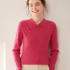 Suéter de Caxemira Novo para Outono e Inverno para Mulheres, Novo Estilo Chinês com Botões, Suéter Listrado Elegante e Quente, Blusa de Tricô Solta para Usar por Baixo