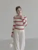 Top de malha listrado off-shoulder LiLvi, de manga longa, novo estilo outono feminino, super estiloso, color-blocking, ombro a ombro, top base justo