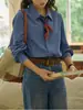 Camisa de Manga Larga Azul de Lyocell Estilo Retro Francés para Mujer Diseño Primavera 2026 Camisa Holgada con Cuello Polo Moderna