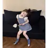 Vestido de Verão Fino para Meninas, Vestido Salopete Azul Xadrez Muito Bonito para Meninas Pequenas, Vestido Infantil Único e Lindo