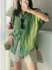 Muy recomendado: Brisa de verano, mezcla de lino verde estilo coreano, camisa casual de capas para mujer