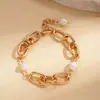 Pulseira de Corrente Oval com Pérolas Artificiais Banhada a Ouro 18K Estilo Europeu e Americano Moda Elegante Retrô Joia de Mão de Alto Padrão para Mulheres