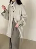 Abrigo de lana de longitud media, doble faz, con cuello de visón auténtico, cinturón, cuello mao, de un solo botón, cálido, chaqueta de franela de lana con cinturón