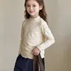 Camiseta base de estilo coreano para niñas con estampado floral y volantes en los bordes, cuello semi-alto, manga larga para niños, ropa interior para primavera y otoño, algodón puro para niños mayores