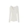 Suéter de Punto Canalé con Cuello en V Asimétrico Rongmei para Mujer 26 Nuevo Otoño Temprano Estilo Vkc Top Reversible Ajustado