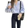 Camisa Francesa de Cuello en V y Manga Abullonada para Mujer, Diseño de Primavera y Otoño, Nicho con Sentido de Elegancia, Top Chic Han Feng