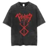Camiseta Vintage Lavada com Estampa de Anime 230g Algodão Puro Camiseta Logo Personalizado Moda de Rua Gola Redonda Manga Curta Camiseta Masculina