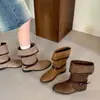 Botas de Tacón Grueso Estilo Retro Punta Cuadrada Media Caña para Mujer 2026 Otoño/Invierno Nueva Llegada Estilo Maillard Hebilla de Cinturón Botas de Montar Plisadas