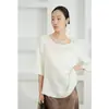 Blusa de jacquard de seda estilo chino minimalista con estampado floral y manga corta para mujer, holgada y estilizada, hecha de seda de morera, para otoño
