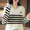 Nuevo suéter de algodón puro estilo coreano para otoño e invierno, a rayas con forma de corazón, cuello redondo, tejido de punto de algodón holgado y versátil para mujer