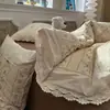 Conjunto de quatro peças de renda floral azul estilo francês vintage, capa de edredom de gaze macia plissada, conjunto de cama de três peças para meninas