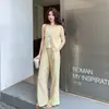 Moda Verão 2026 Casual Redutor de Idade Patchwork de Seda Sem Mangas + Conjunto de Calças de Pernas Largas Traje da Moda