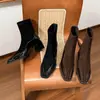 5598-8 Botines cuadrados de cachemir con retazos para mujer con tacón alto grueso, botas Martin versátiles de ajuste ceñido con cremallera trasera y característica antideslizante