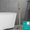 Grifo de Bañera de Pie Transfronterizo Acabado Oro Cepillado, Grifo de Borde de Bañera Completamente de Cobre, Grifo de Ducha de Agua Fría y Caliente para Baño de Pie