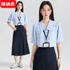 Estilo de Viaje al Trabajo Solapa Grande Camisa Profesional Top de Moda Verano Nuevo Camisa de Gasa Azul Camisa de Manga Corta para Mujer