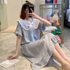 Camisón de verano para mujer, pijama de manga corta con cuello de muñeca de corte de corte, estilo princesa con encaje, ropa de casa dulce