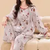 Verano Nuevo Algodón Seda Pijama Mujer Manga Larga Pantalones Cárdigan Estilo Nacional Estampado Cómodo Primavera Ropa de Casa Traje Delgado