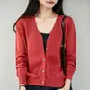 Cárdigan de punto de algodón puro con cuello en V simple para mujer, de manga larga, adecuado para primavera y otoño, versátil, adelgazante, chaqueta suéter abotonada