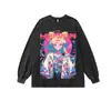 Sudadera Holgada de Cuello Redondo Pesada Estilo Retro Americano Sailor Moon Oversize Lavada y Desgastada 280g Top