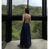 Elegante Vestido Largo Azul Marino Estilo Francés para Sesión de Fotos de Vacaciones en la Playa, Vestido Largo Ceñido a la Cintura para Sesiones de Fotos