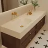 Mueble de Baño Combinado con Lavabo Integrado de Cerámica Sin Costuras Curvado en Caliente Pizarra Retro de Mediados de Siglo Lavabo de Baño Montado en Pared de Madera Maciza