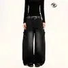 Calça Jeans Yongfang Estilo Workwear Retrô Americano para Homens e Mulheres, Solta Vintage Desconstruída com Múltiplos Bolsos e Perna Larga