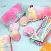 Estuche de Lápices de Felpa Color Arcoíris Nuevo Láser Estudiante Gran Capacidad Bolsa de Almacenamiento de Papelería Mujeres Felpa Lentejuelas Caja de Lápices