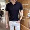Polo de Manga Curta Stretch Masculina Verão Negócios Jaqueta Masculina Bonito High-end Gelo Seda Listrado Gola Camiseta