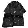 Pijama de Seda de Hielo de Alta Gama Negro para Mujer Verano Nuevo Mariposa Estampado Completo Manga Corta Ropa de Casa Conjunto de Dos Piezas Foto Real Venta al por Mayor