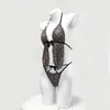 Lingerie Sexy Vermelha para Mulheres, Estampa de Leopardo, Decote em V Profundo, Transparente, Peça Única de Dormir Três Pontos com Costura Dupla na Virilha 2818