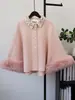 Capa de lana de punto de doble cara, resistente, con cuentas y ribete de pelo para mujer, nuevo estilo otoño e invierno, chaqueta tipo chal inspirada en Chanel, moderna