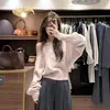 Suéter de Cor Sólida Estilo Coreano de Um Ombro para Mulheres, Novo Outono e Inverno Sexy Manga Off-Shoulder Top Curto, Tricô Solto e Preguiçoso para Mulheres