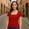 Camiseta cuadrada de manga corta transfronteriza para mujer, nuevo estilo básico casual simple, camiseta cuadrada de color liso estampada