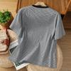 Camisa de cáñamo de manga media de verano con cuello redondo y estampado de cáñamo teñido en hilo vintage para mujer