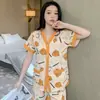 Conjunto de Pijama de Verano para Mujer, Delgado, Manga Corta, Pantalón Largo, Cardigan de Algodón Huaer de Verano, Cuello en V, Holgado, Tallas Grandes, Ropa de Casa