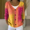 Nova blusa de moletom com botões, gola V, manga longa, estampada em 3D, estilo personalidade, solta, para outono e inverno, jaqueta suéter para mulheres