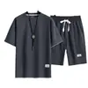 Conjunto esportivo masculino de verão com mangas curtas, importado, camiseta lisa de corte solto e shorts, tecido waffle, conjunto versátil de moda casual masculina