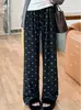 Calça Yamamoto Veludo de Arroz Glutinoso Laço 2026 Primavera Novo Estilo Calça Longa Fluida Estampada Cintura Alta Emagrecedora Calça de Perna Larga Fluida