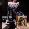 Lencería Sexy Naranja Fuego, Encaje Sexy, Tentación de Deseo Puro, Falda Ajustada a la Cadera, Uniforme de Secretaria para Discoteca de un Solo Hombro, Conjunto de Pijama