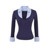 Tejido de punto con cuello polo empalmado de dos piezas falsas para mujer, nuevo para primavera y otoño, aspecto sexy que estiliza la cintura, top interior de manga larga