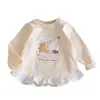 Camiseta de Manga Longa Outono para Meninas 2025 Nova Moda Doce Estampa de Desenho Animado Bainha com Retalhos Camisa Base Tendência 6