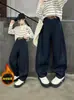 Calça jeans forrada de fleece para meninas outono e inverno, calça casual infantil, calça comprida, roupa de inverno, calça banana larga e grossa, jeans do papai