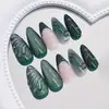Piezas de Arte de Uñas Más Vendidas Transfronterizas Chicas Calientes Europeas y Americanas Ojo de Gato Estéreo 3D Verde Francés Largo Almendra Uñas Portables Venta al por Mayor